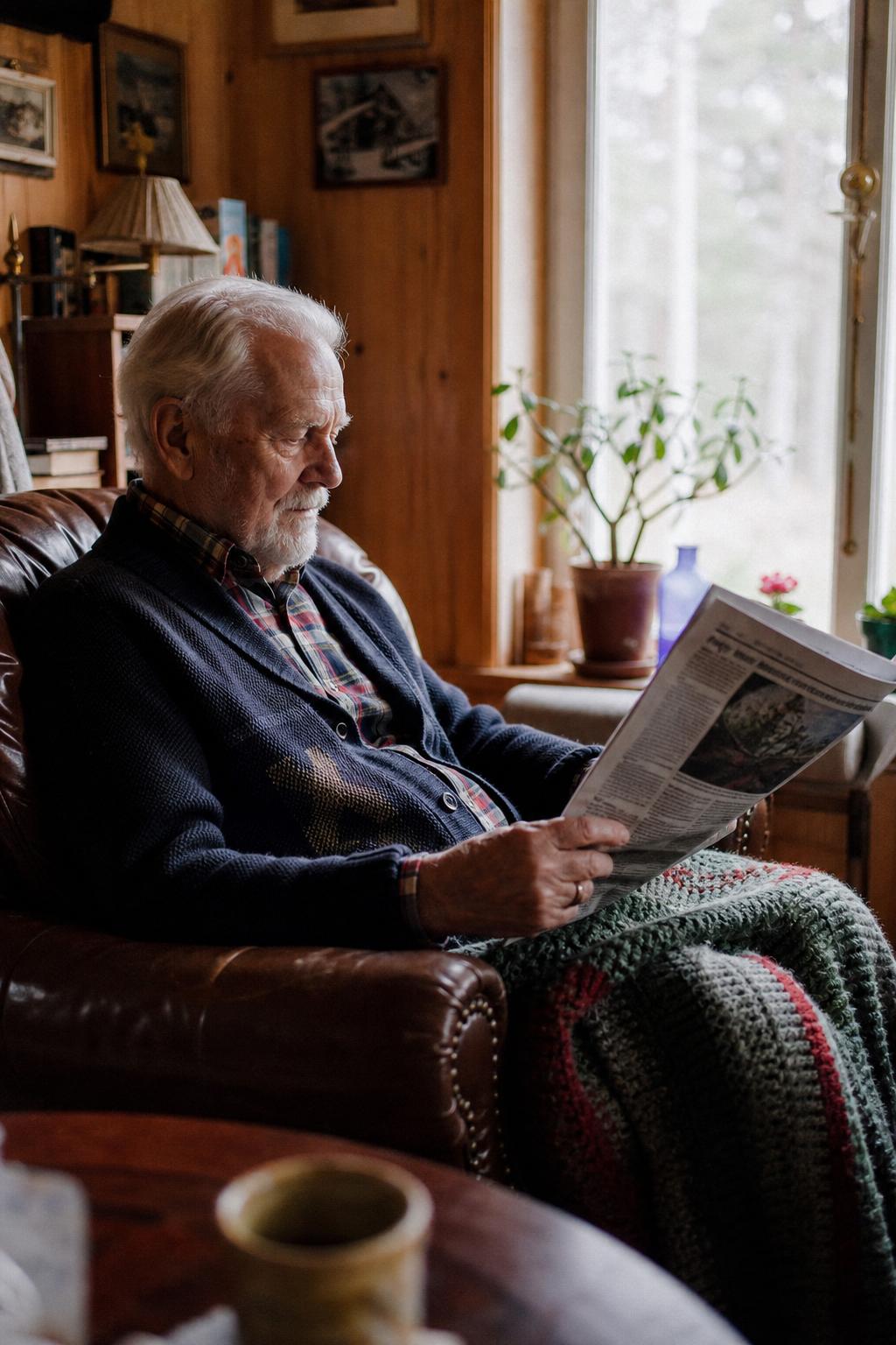 Äldre man läser tidningen i en lugn hemmiljö vid fönstret