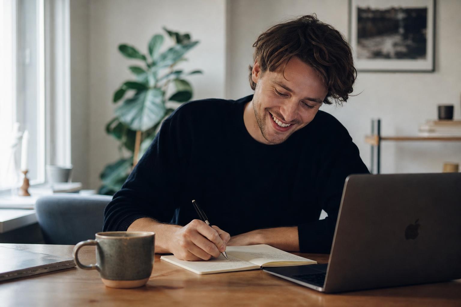 Person ler vid sitt skrivbord medan hen antecknar och svarar på mejl